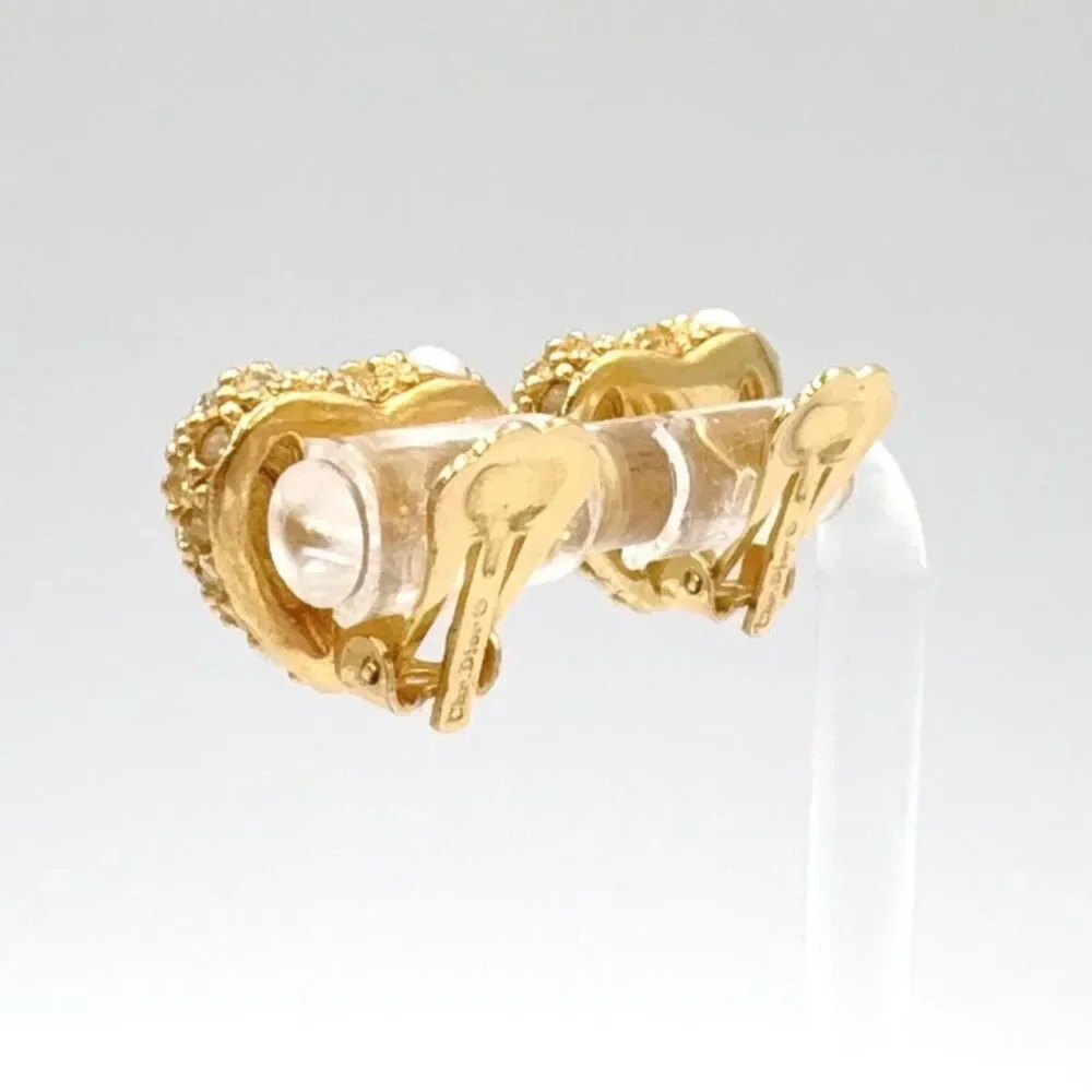 Dior Heart Motif Earrings Gold Faux Pearl